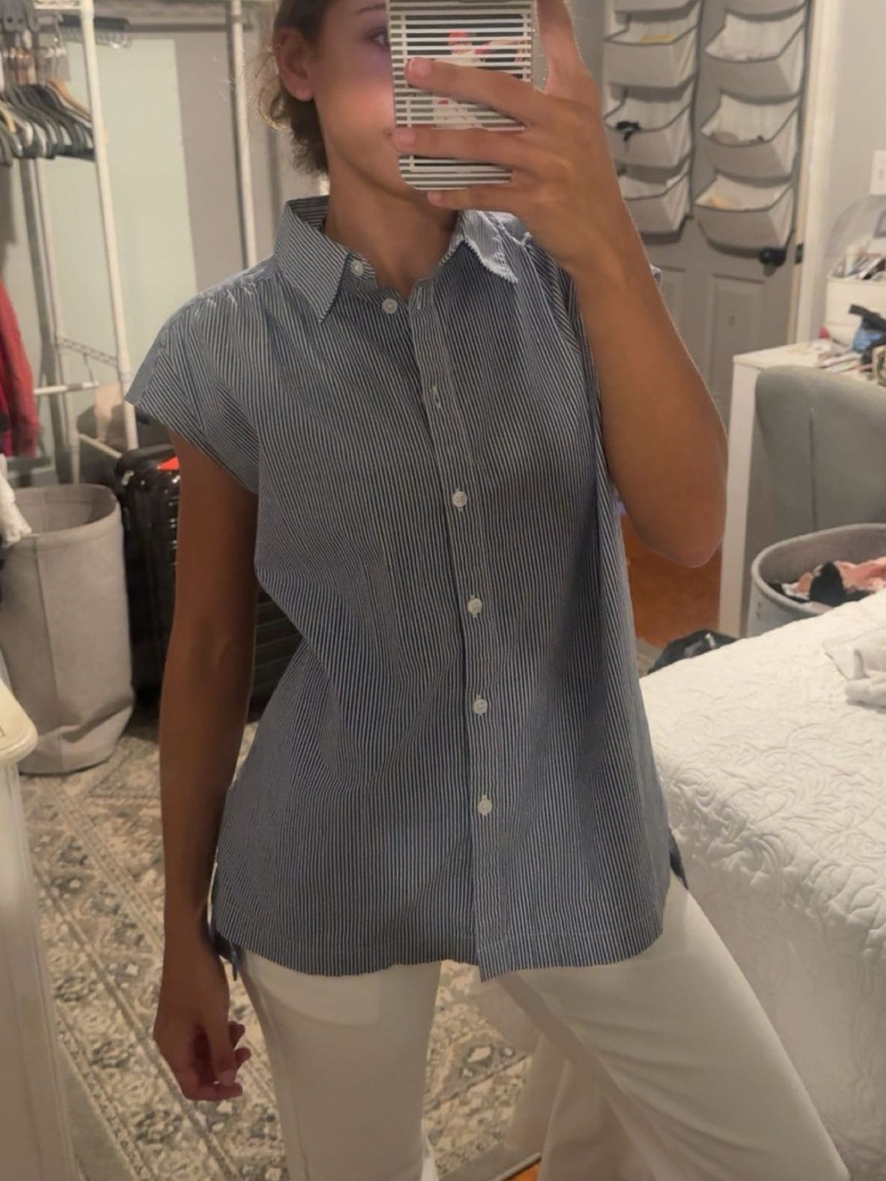 Banana Republic Navy and White Pinstripe Cap-Sleeve Button-Down Top